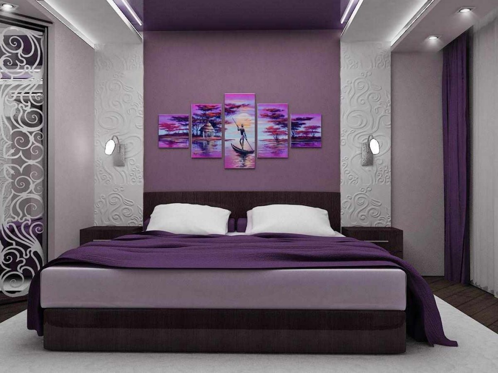 фиолетовый цвет в интерьере спальни